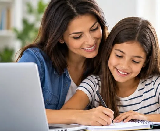 Imagem ilustrativa: mãe acompanha a filha fazendo a lição em casa