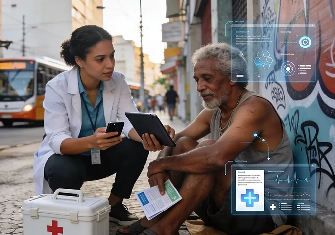 Profissional de assistência social, com celular e tablet, conversando com um homem sentado na calçada, ao lado de uma caixa de primeiros socorros