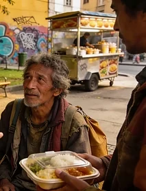 Homem em situação de rua recebe uma refeição em praça urbana