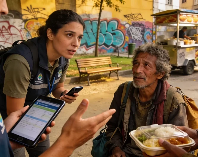 Profissional de abordagem social com tablet conversa com homem em situação de rua que segura uma refeição, em praça urbana