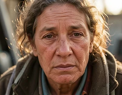 Retrato de uma mulher de meia-idade com expressão séria, em ambiente urbano ao entardecer