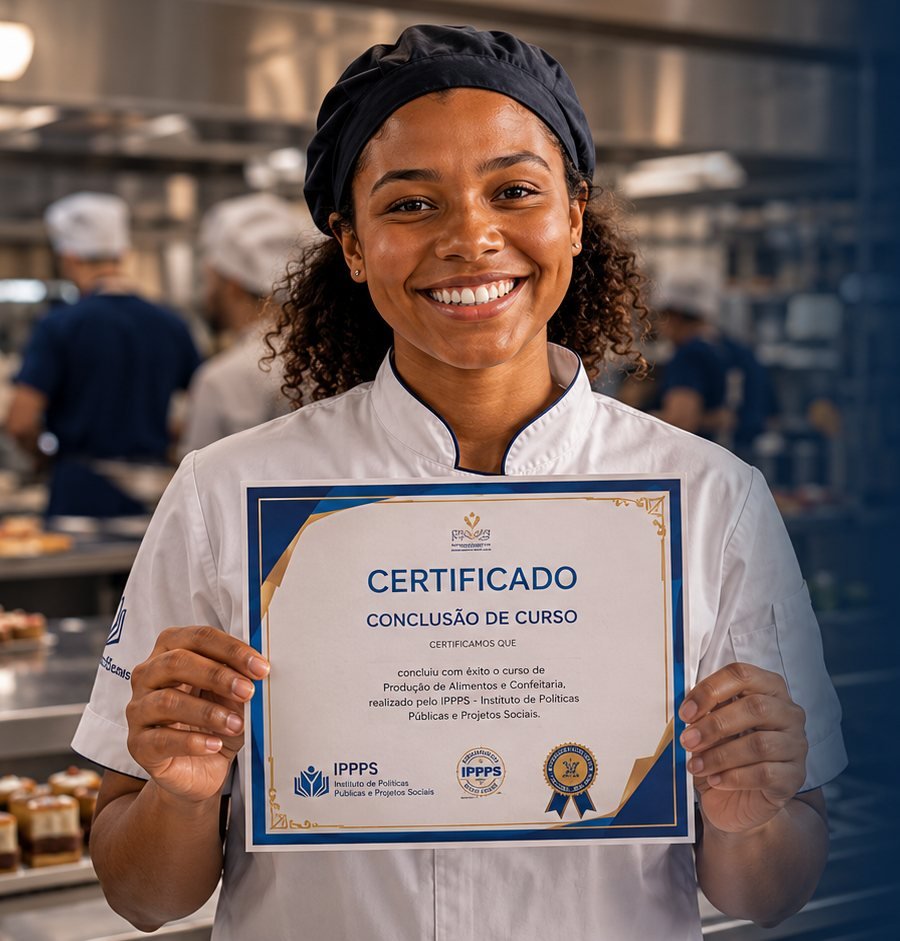 Jovem cozinheira sorrindo e segurando um certificado de conclusão de curso