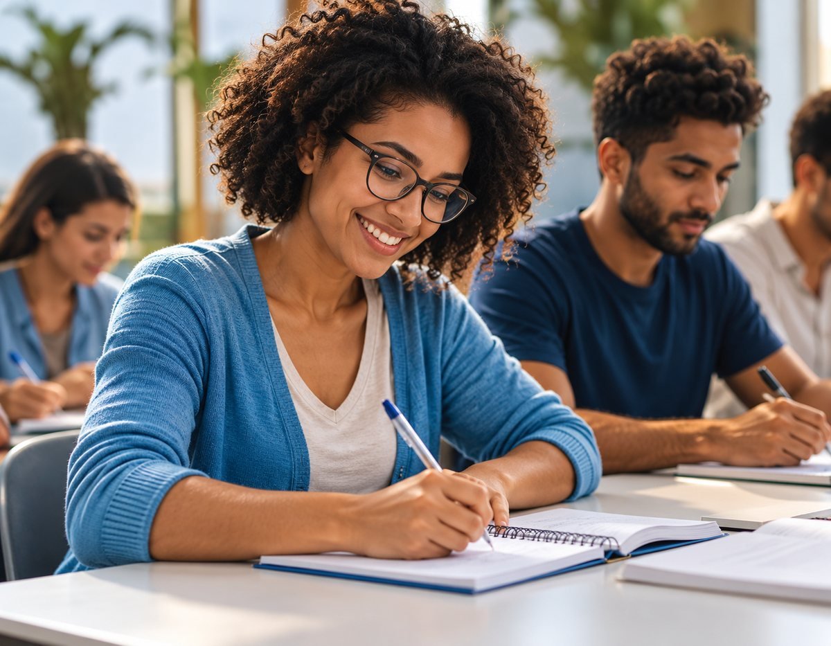 Estudante sorridente fazendo anotações em sala de aula, com colegas ao fundo