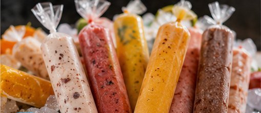 Geladinhos gourmet de sabores variados sobre gelo