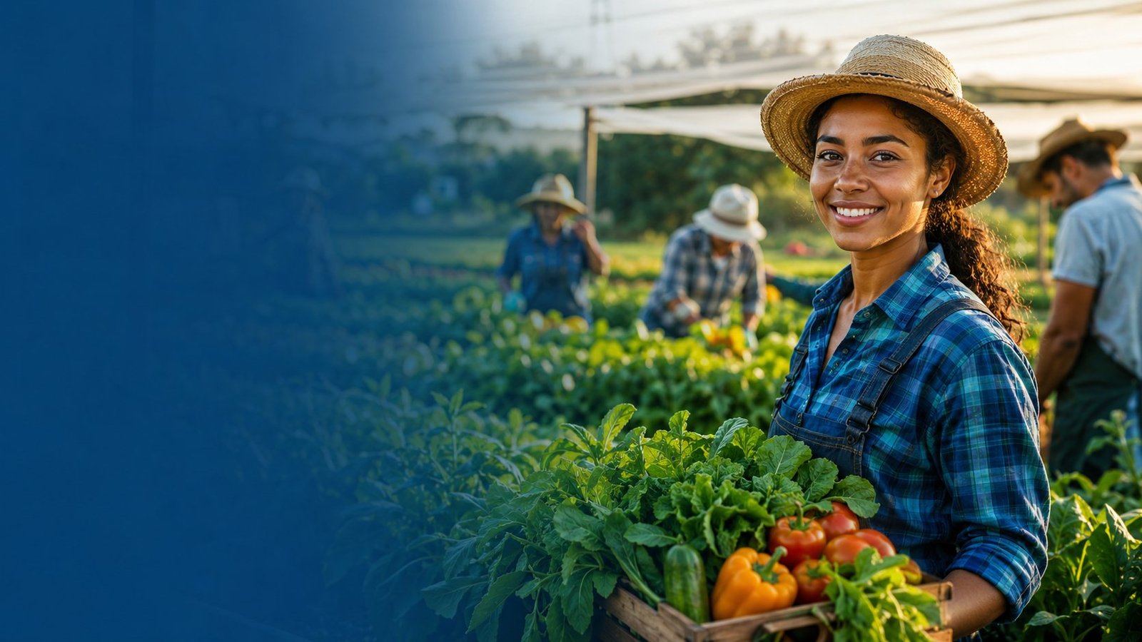 Agricultora sorridente com caixa de legumes frescos em área de cultivo