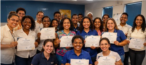 Turma de alunas e alunos sorrindo e mostrando seus certificados de conclusão