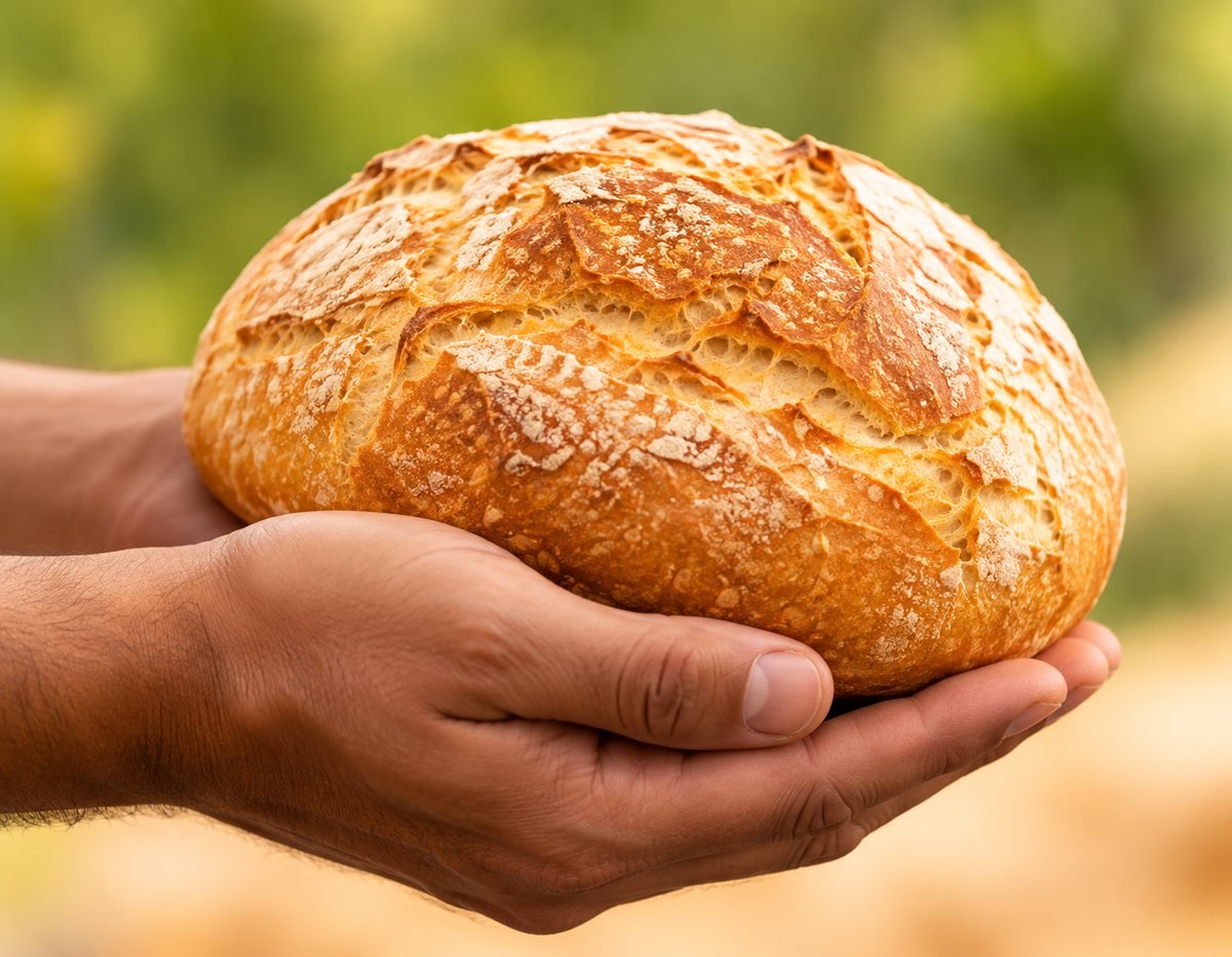 Mãos segurando um pão artesanal recém-assado